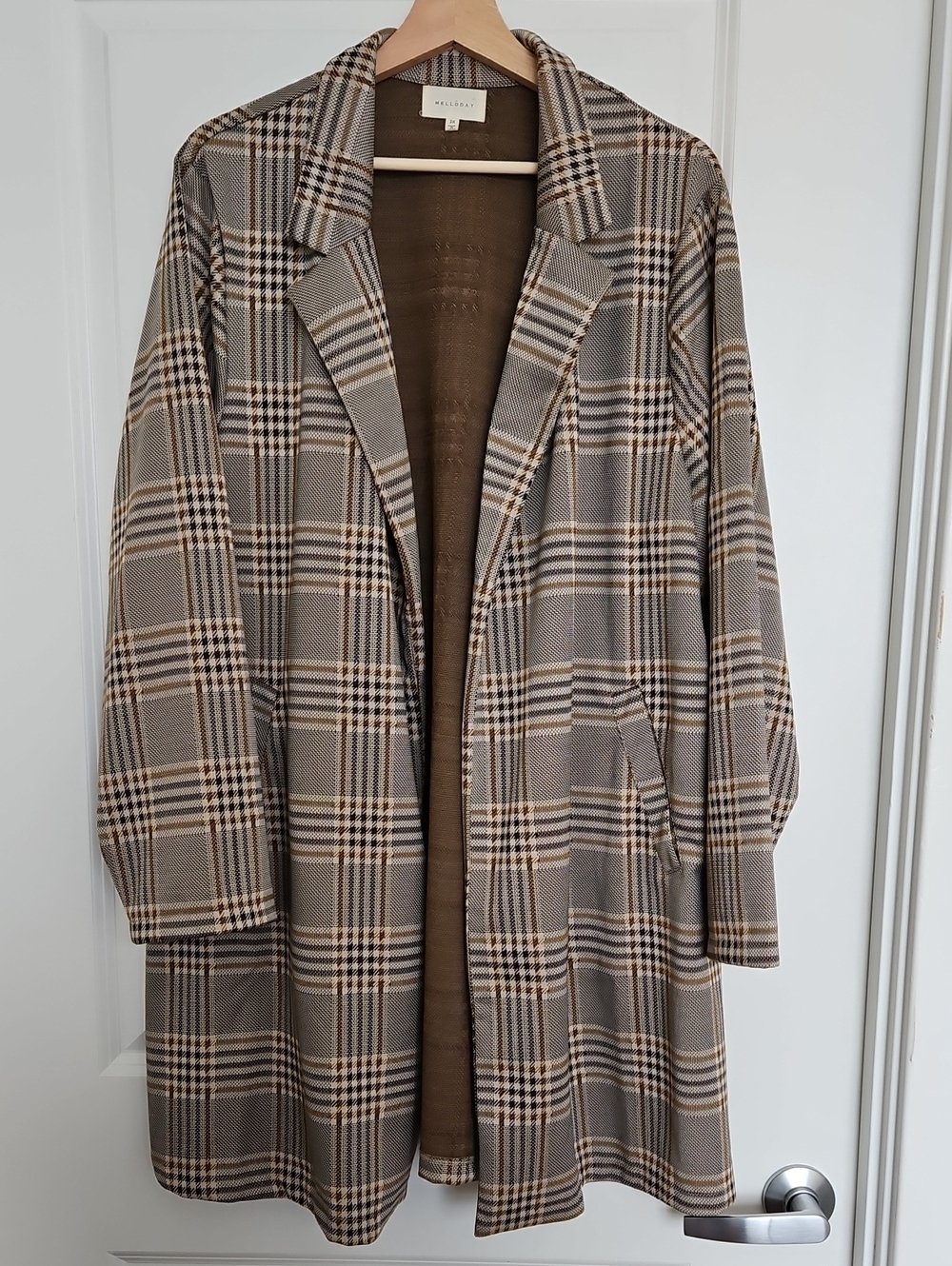 MELLODAY Plaid Trench Coat in Taupe, Cream, and Brown